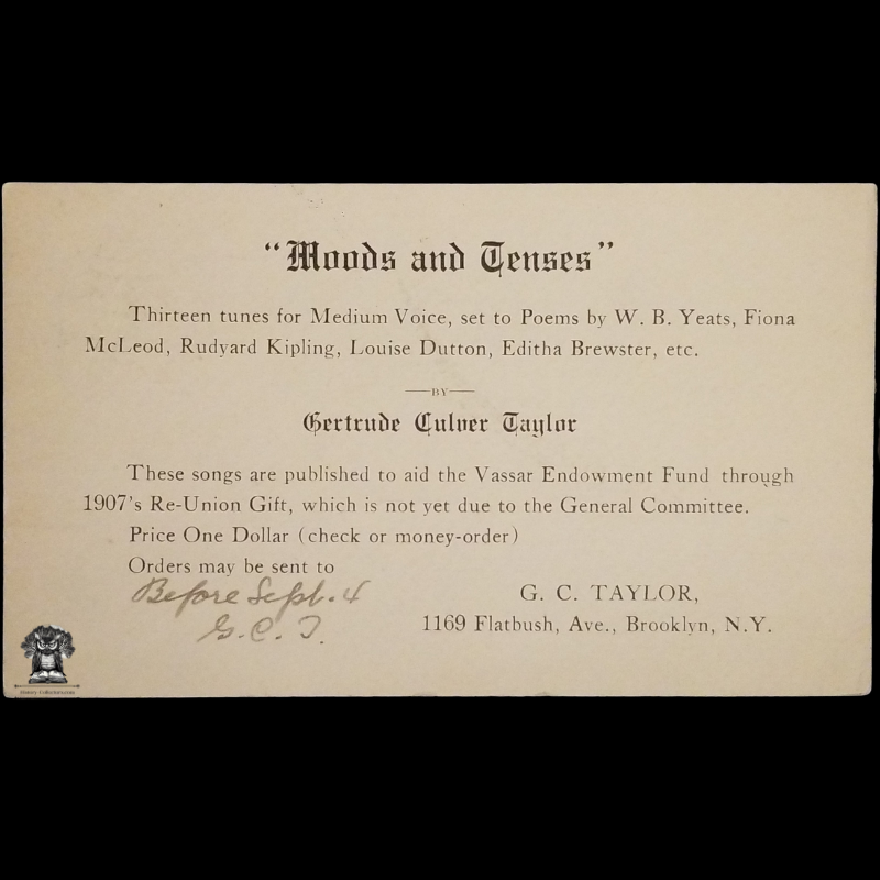 1909 Vassar College Endowment Fund Fundraising Promotion Postal Card - Moods And Tenses - Gertrude Culver Taylor - 1169 Flatbush Ave Brooklyn NY - 10 East Ave Albion NY - One Cent McKinley Square Black Scott UX19