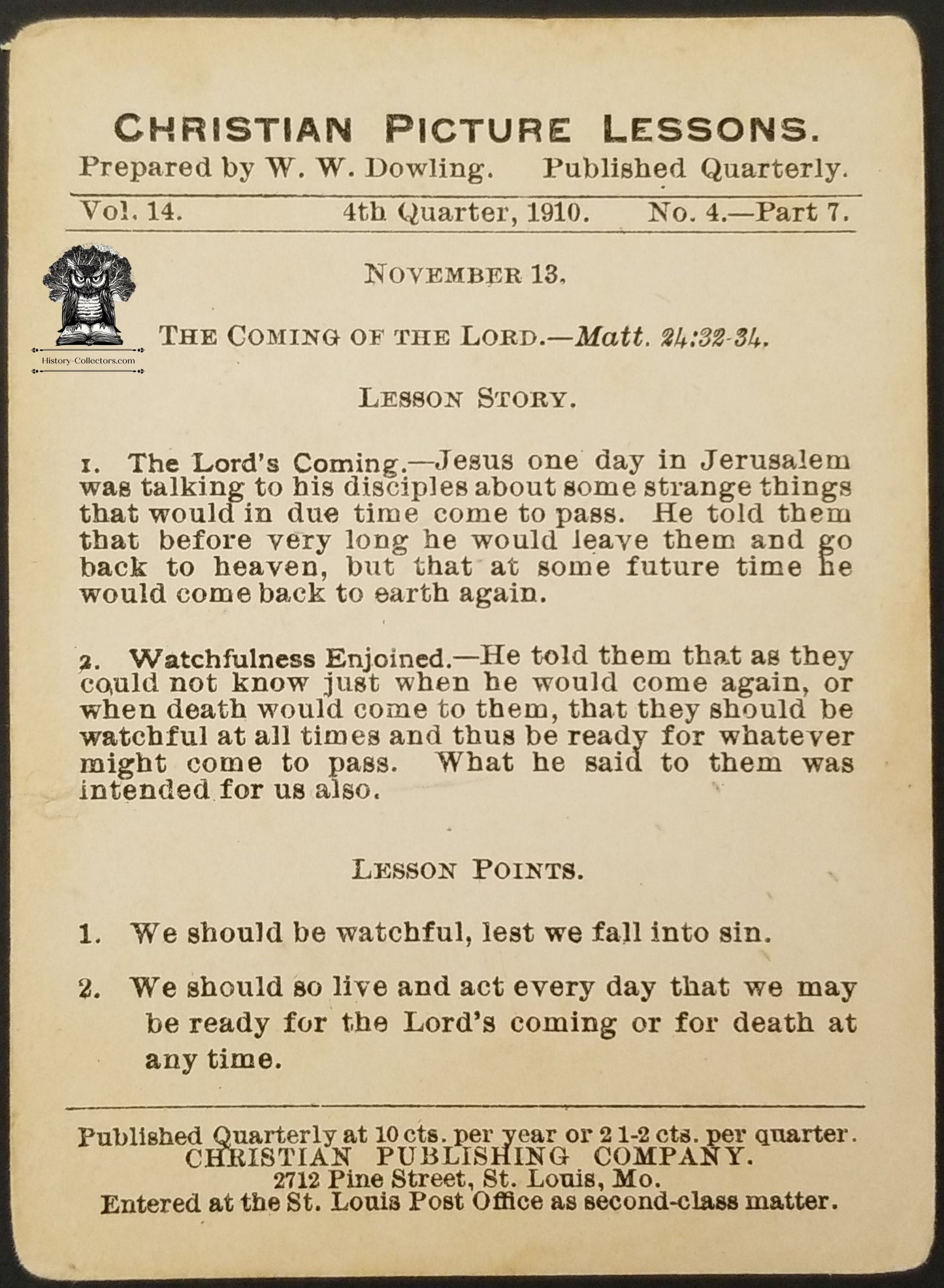 1910 Christian Picture Lesson Bible Card - Temptation Matthew 24:32-34 Lord's Coming