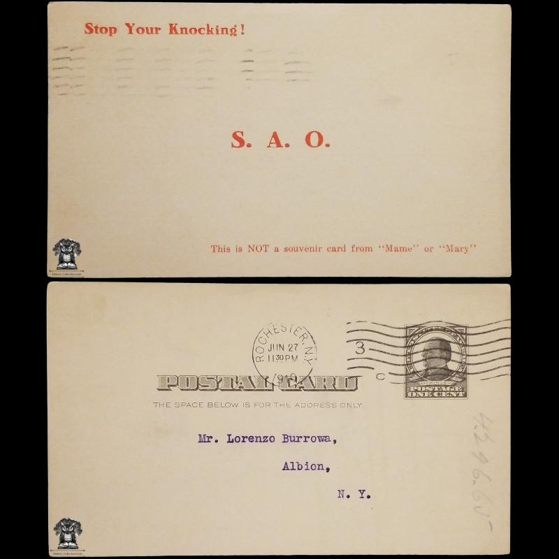 1910 Humor Postal Card - Lorenzo Burrowa - Albion NY - One Cent McKinley Square Black Scott UX19 - Machine Duplex Postal Cancel June 27 - Rochester NY - Postcard