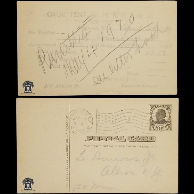 1910 Knights Of The Modern Maccabees Postal Card - Gage Tent No 111 - Saginaw West Side Michigan - One Cent McKinley Square Black Scott UX19 - Albion New York - Duplex Postal American Flag Cancel April 29 - Postcard