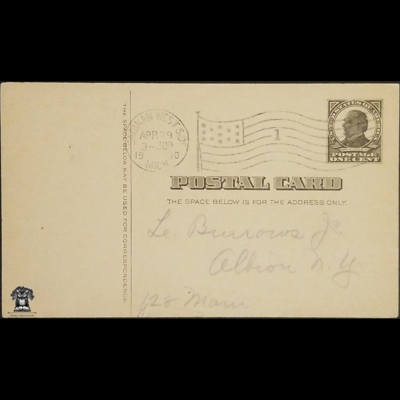 1910 Knights Of The Modern Maccabees Postal Card - Gage Tent No 111 - Saginaw West Side Michigan - One Cent McKinley Square Black Scott UX19 - Albion New York - Duplex Postal American Flag Cancel April 29 - Postcard