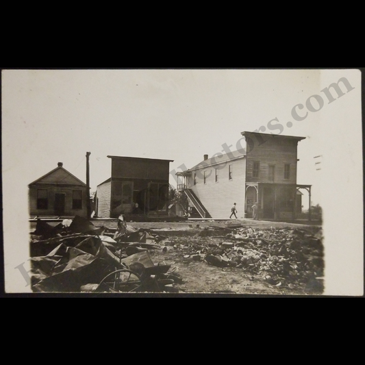 1910 Local Businesses Fire Destruction RPPC Real Photo Postcard - Miller's Store - Patton's - R.M.C. Notions - Unidentified - CYKO Stamp Box