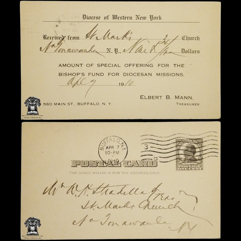 1910 Roman Catholic Diocese Of Western New York Special Offering Receipt Postal Card - Bishop's Fund For Diocesan Missions - One Cent McKinley Square Black Scott UX19 - Buffalo NY - Duplex Postal Cancel April 7 - Postcard