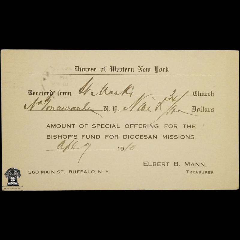 1910 Roman Catholic Diocese Of Western New York Special Offering Receipt Postal Card - Bishop's Fund For Diocesan Missions - One Cent McKinley Square Black Scott UX19 - Buffalo NY - Duplex Postal Cancel April 7 - Postcard