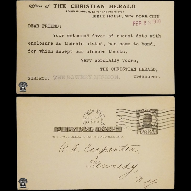 1910 The Christian Herald Thank You Postal Card - Louis Klopsch - Bible House New York City - The Bowery Mission - Kennedy NY - One Cent McKinley Square Black Scott UX19 - Machine Duplex Postal Cancel Station D February 23 - Postcard