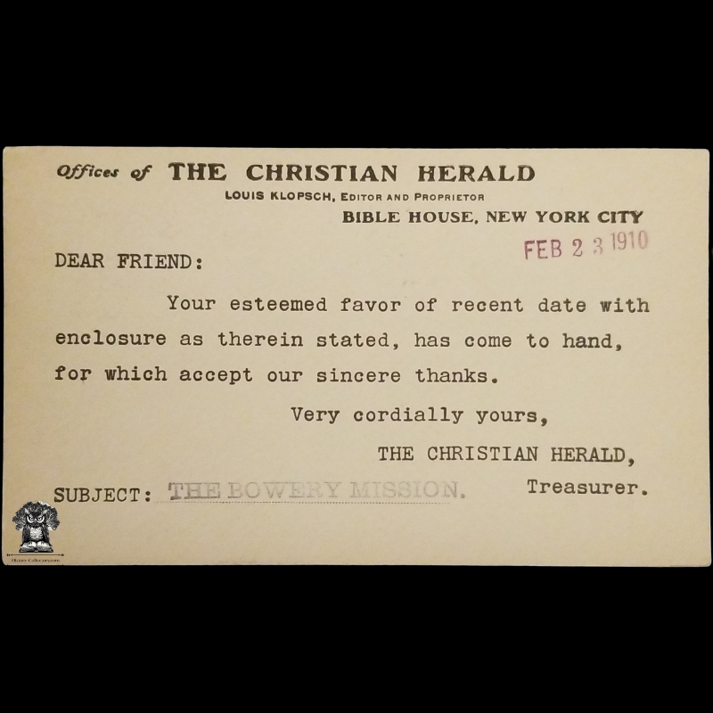1910 The Christian Herald Thank You Postal Card - Louis Klopsch - Bible House New York City - The Bowery Mission - Kennedy NY - One Cent McKinley Square Black Scott UX19 - Machine Duplex Postal Cancel Station D February 23 - Postcard