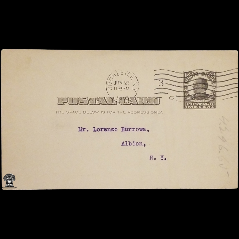 1910 Humor Postal Card - Lorenzo Burrowa - Albion NY - One Cent McKinley Square Black Scott UX19 - Machine Duplex Postal Cancel June 27 - Rochester NY - Postcard