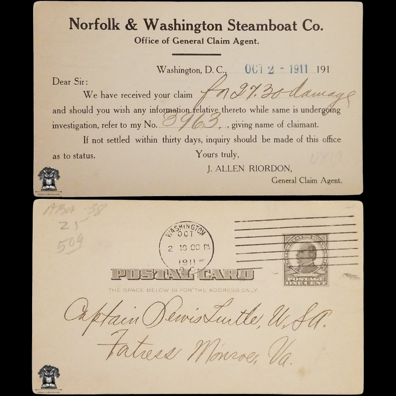 1911 Norfolk & Washington Steamboat Co Claim Notice Postal Card - Washington DC - General Claim Agent - Fortress Monroe Virginia - Captain Lewis Turtle - One Cent McKinley Square Black Scott UX19 - Duplex Postal Cancel October 2 - Postcard