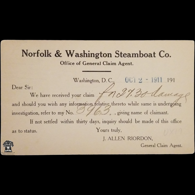 1911 Norfolk & Washington Steamboat Co Claim Notice Postal Card - Washington DC - General Claim Agent - Fortress Monroe Virginia - Captain Lewis Turtle - One Cent McKinley Square Black Scott UX19 - Duplex Postal Cancel October 2 - Postcard