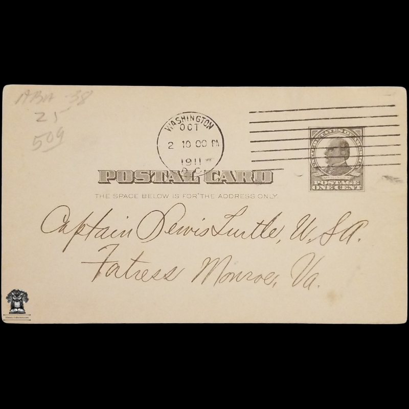 1911 Norfolk & Washington Steamboat Co Claim Notice Postal Card - Washington DC - General Claim Agent - Fortress Monroe Virginia - Captain Lewis Turtle - One Cent McKinley Square Black Scott UX19 - Duplex Postal Cancel October 2 - Postcard
