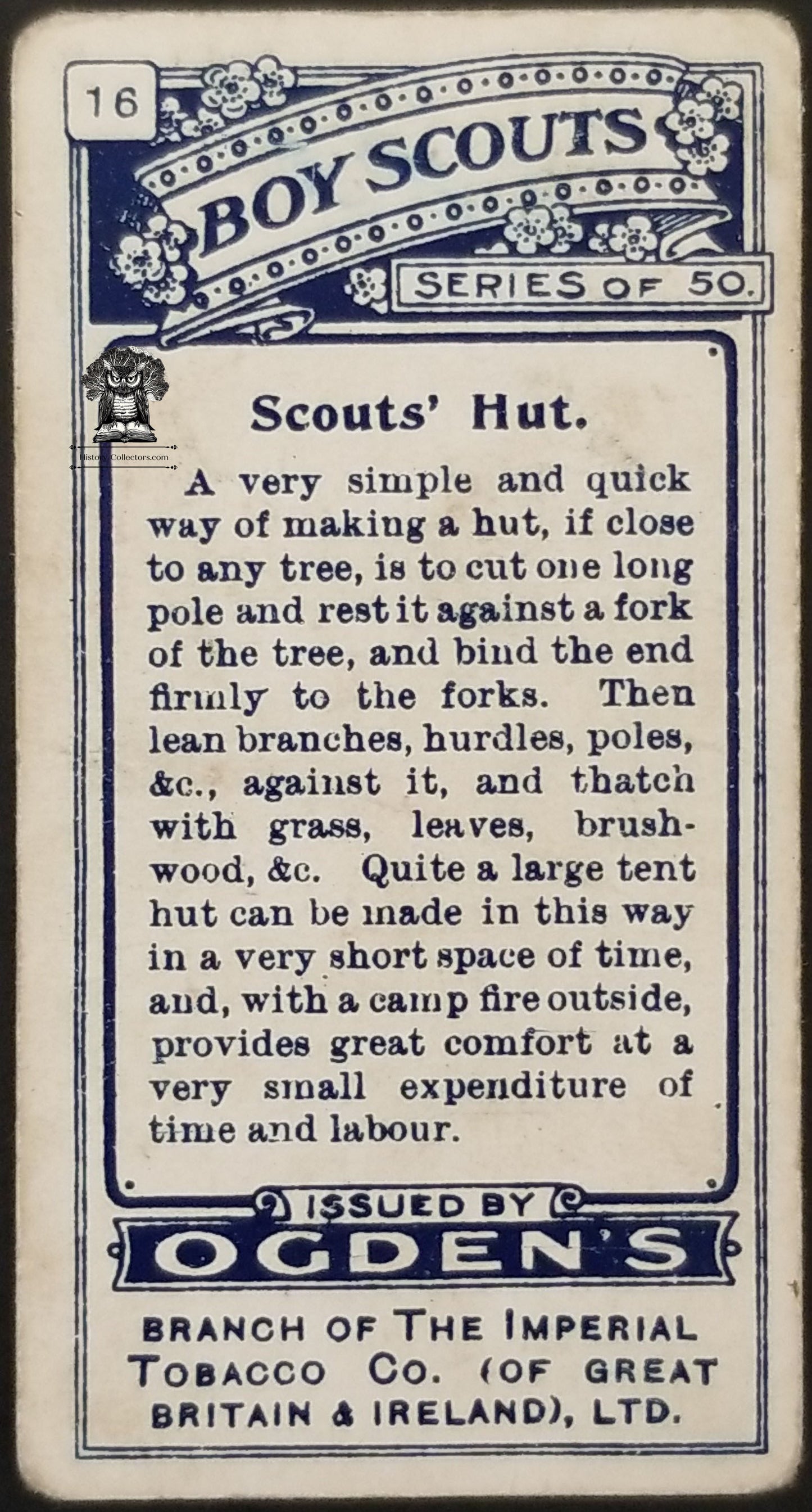 1911 Ogden's Boy Scouts 1st Series Blue Back Tobacco Card #16 - Scouts' Hut