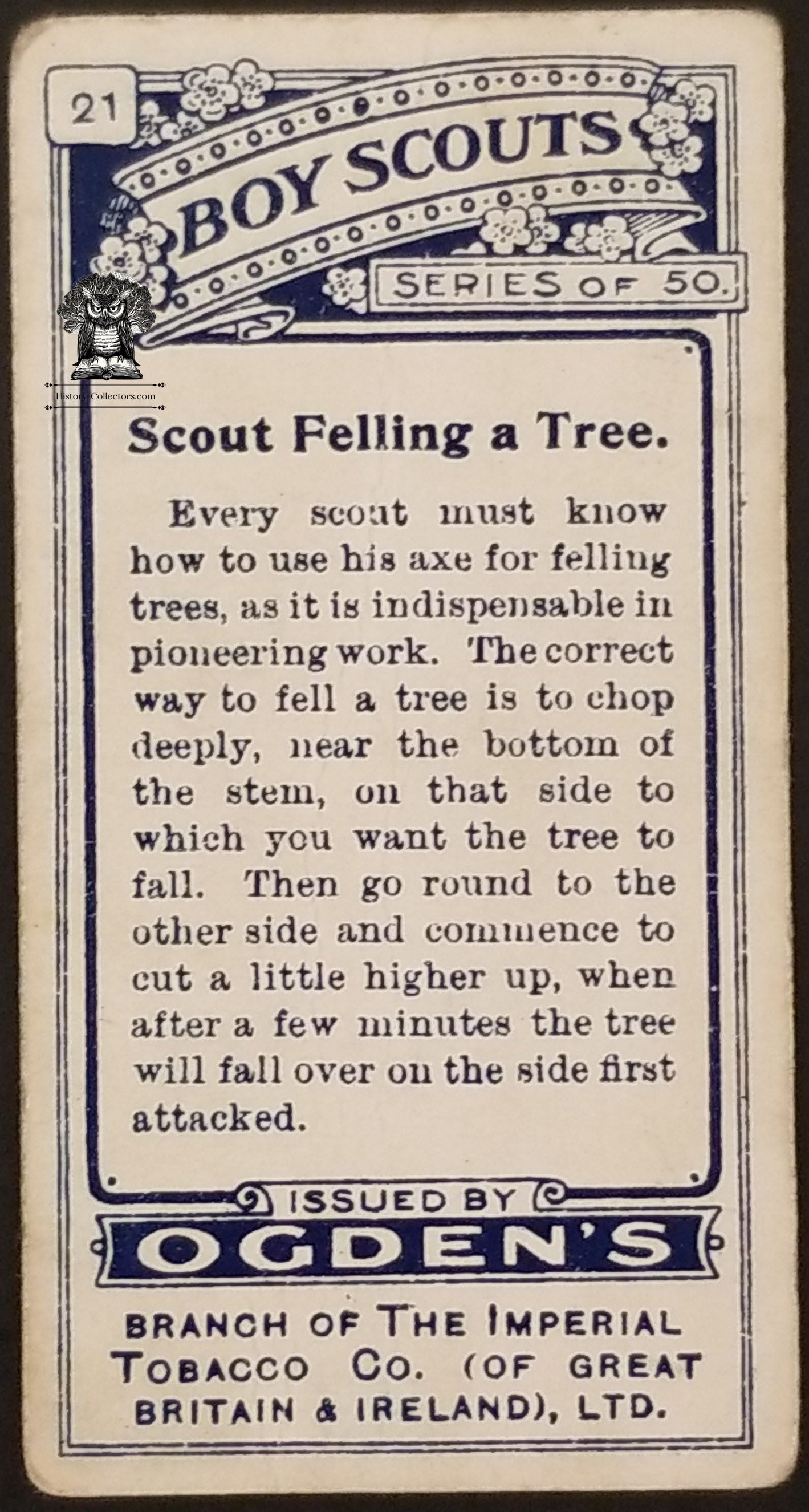 1911 Ogden's Boy Scouts 1st Series Blue Back Tobacco Card #21 - Scout Felling A Tree
