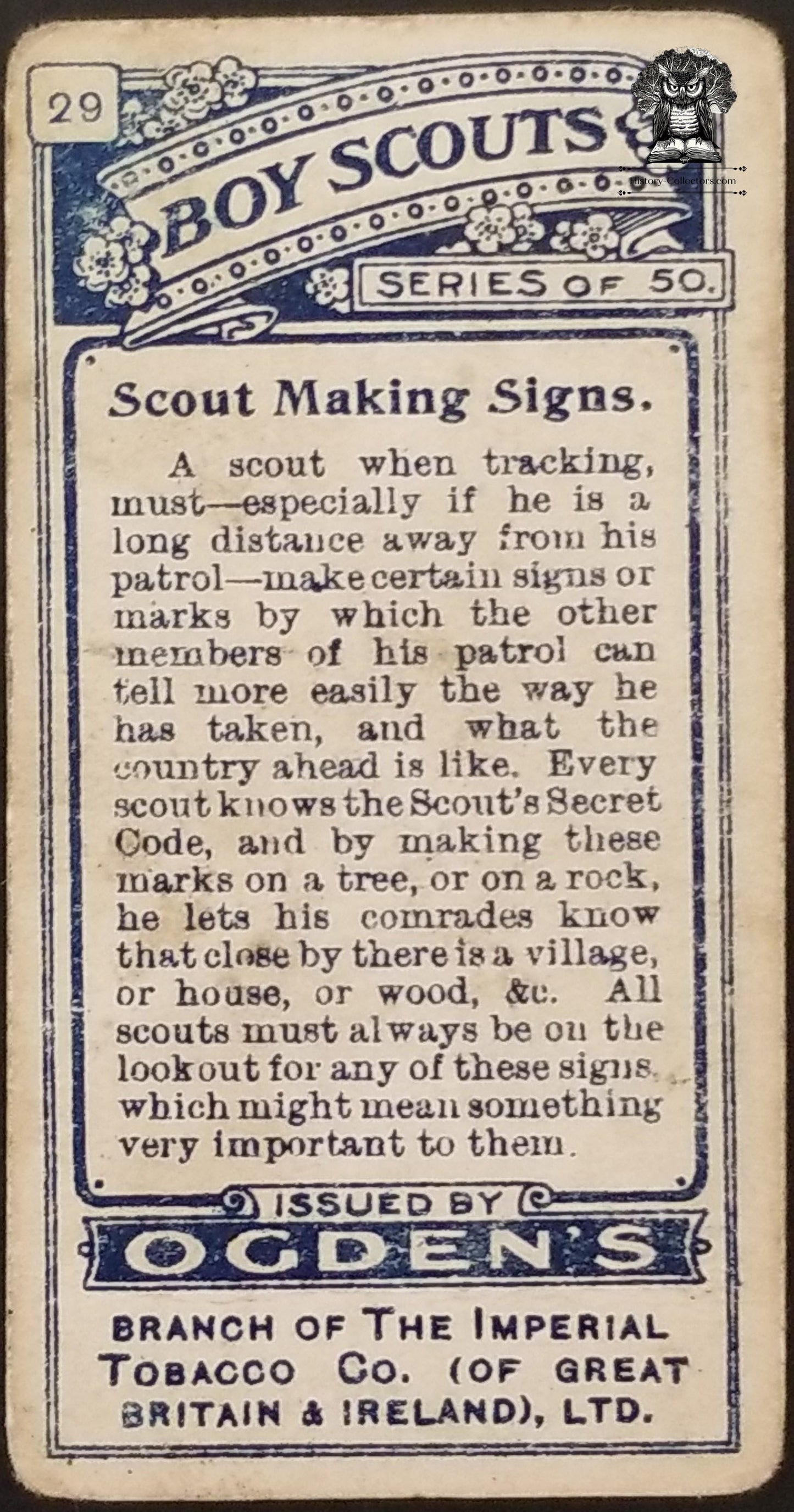 1911 Ogden's Boy Scouts 1st Series Blue Back Tobacco Card #29 - Scout Making Signs