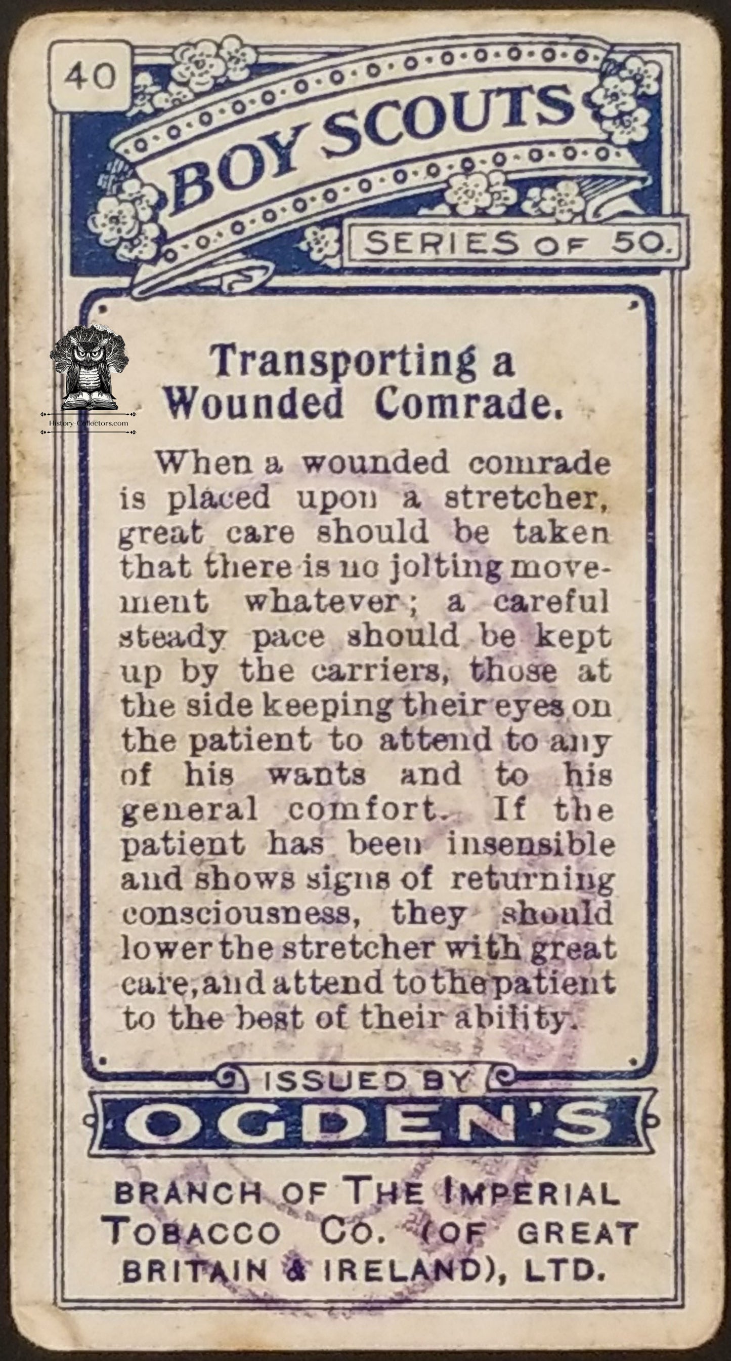 1911 Ogden's Boy Scouts 1st Series Blue Back Tobacco Card #40 - Transporting A Wounded Comrade