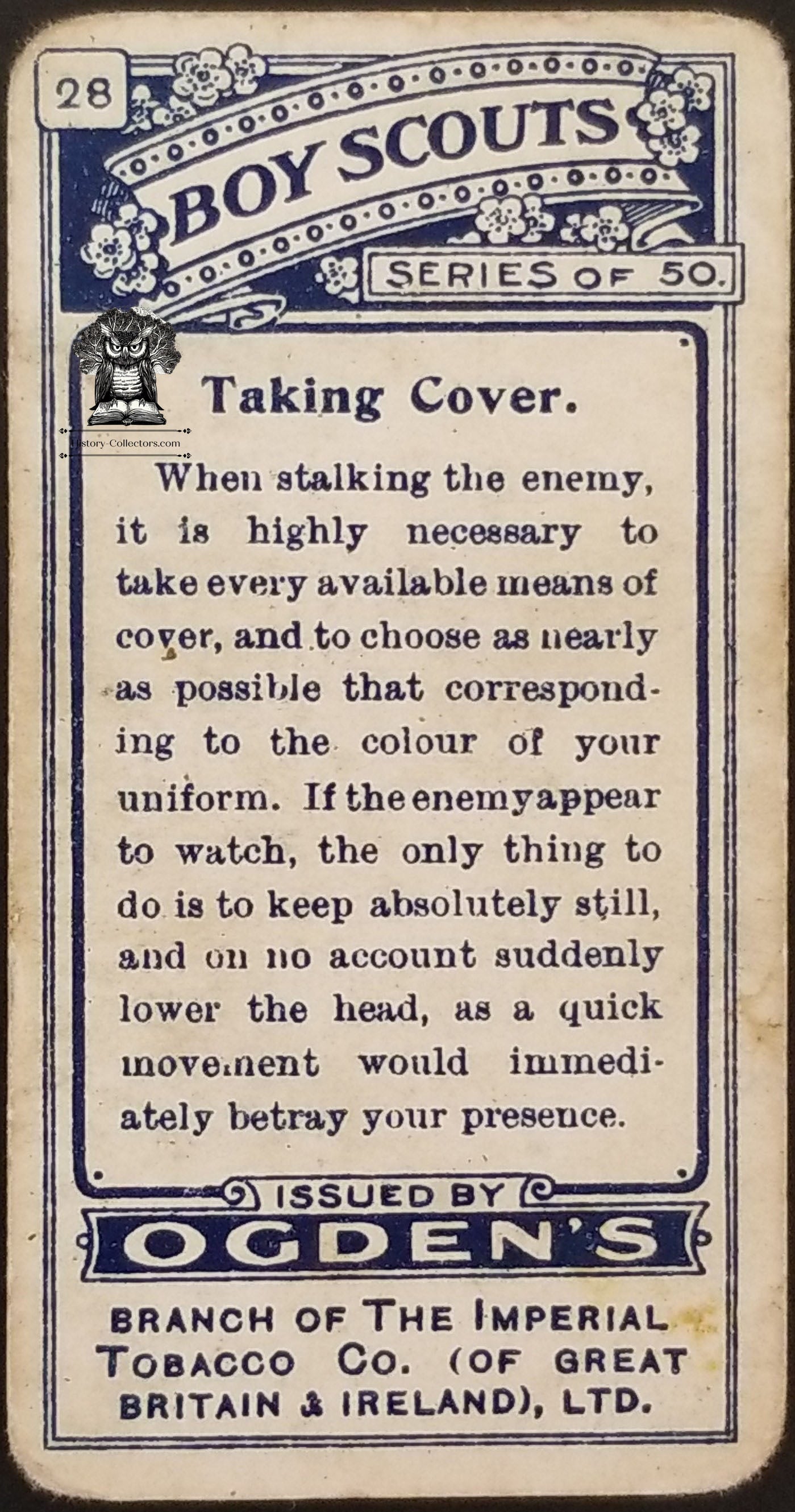1911 Taking Cover Ogden's Boy Scouts 1st Series Blue Back Tobacco Card #28 - Taking Cover