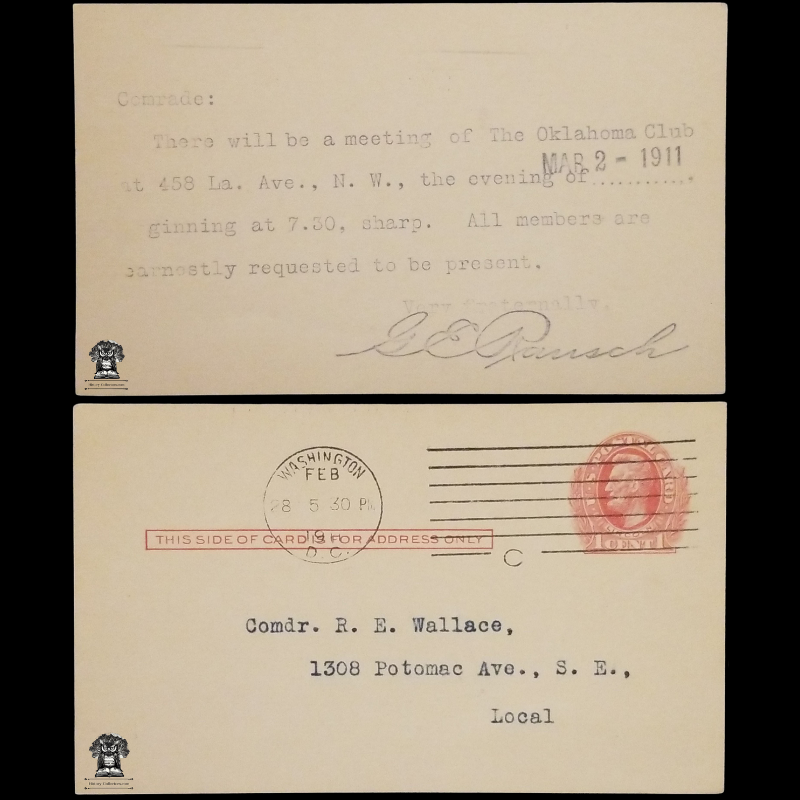 1911 The Oklahoma Club Meeting Notice Correspondence Postal Card - 458 Louisiana Avenue NW Washington DC - Commander RE Wallace - 1308 Potomac Ave SE - One Cent Lincoln Red Scott UX23 - Postal Cancel February 28 - Postcard