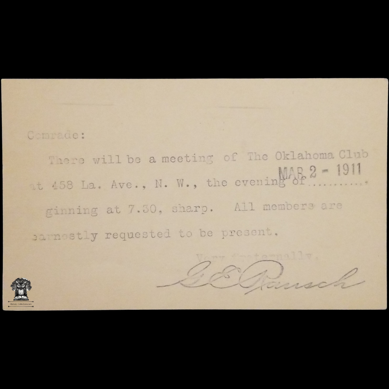1911 The Oklahoma Club Meeting Notice Correspondence Postal Card - 458 Louisiana Avenue NW Washington DC - Commander RE Wallace - 1308 Potomac Ave SE - One Cent Lincoln Red Scott UX23 - Postal Cancel February 28 - Postcard