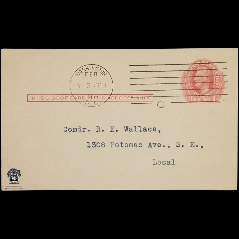 1911 The Oklahoma Club Meeting Notice Correspondence Postal Card - 458 Louisiana Avenue NW Washington DC - Commander RE Wallace - 1308 Potomac Ave SE - One Cent Lincoln Red Scott UX23 - Postal Cancel February 28 - Postcard