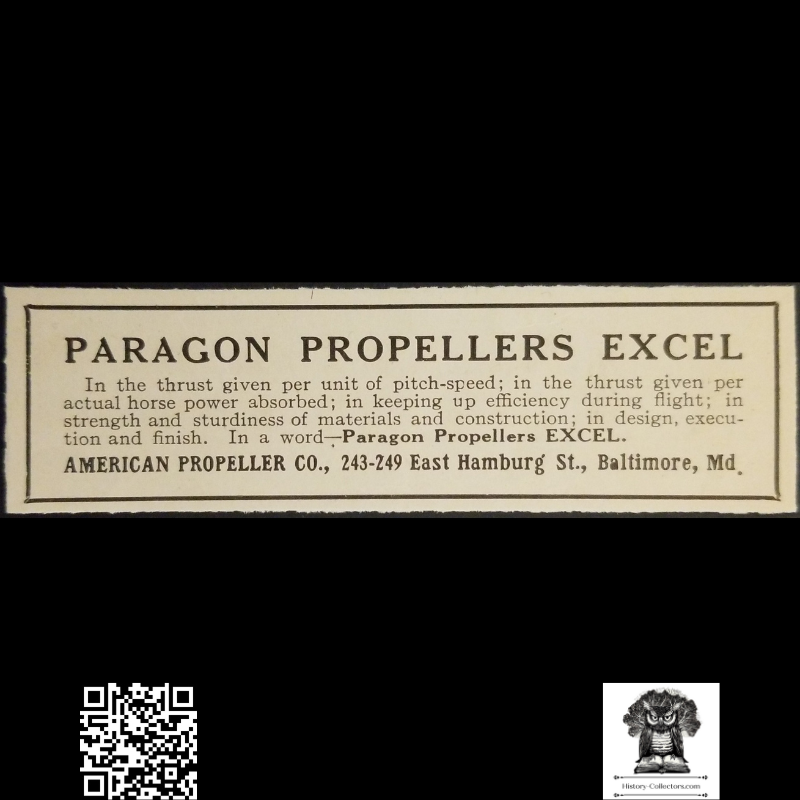 1912 American Propeller Co Print Advertisement Clipping - Paragon Propellers - E. Hamburg St. Baltimore Maryland - Aviation History - Ready For Framing