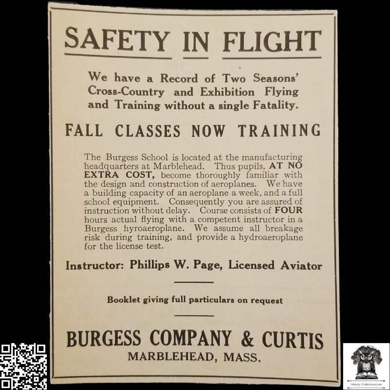 1912 Burgess Company & Curtis Print Advertisement Clipping - Marblehead Massachusetts - Flight Safety Training Classes - Aviation History - Ready For Framing