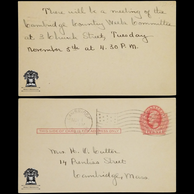 1912 Cambridge County Weeks Committee Meeting Notice Postal Card - Mrs. H O Cutter - 14 Prentiss Street - 3 Church Street - Massachusetts - One Cent Lincoln Red Scott UX23 - American Flag Postal Cancel November 1 - Postcard