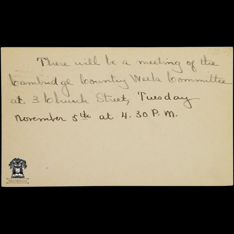 1912 Cambridge County Weeks Committee Meeting Notice Postal Card - Mrs. H O Cutter - 14 Prentiss Street - 3 Church Street - Massachusetts - One Cent Lincoln Red Scott UX23 - American Flag Postal Cancel November 1 - Postcard