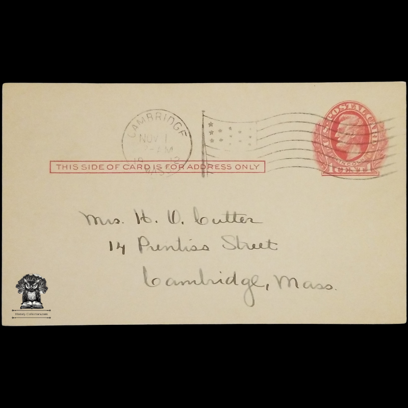 1912 Cambridge County Weeks Committee Meeting Notice Postal Card - Mrs. H O Cutter - 14 Prentiss Street - 3 Church Street - Massachusetts - One Cent Lincoln Red Scott UX23 - American Flag Postal Cancel November 1 - Postcard
