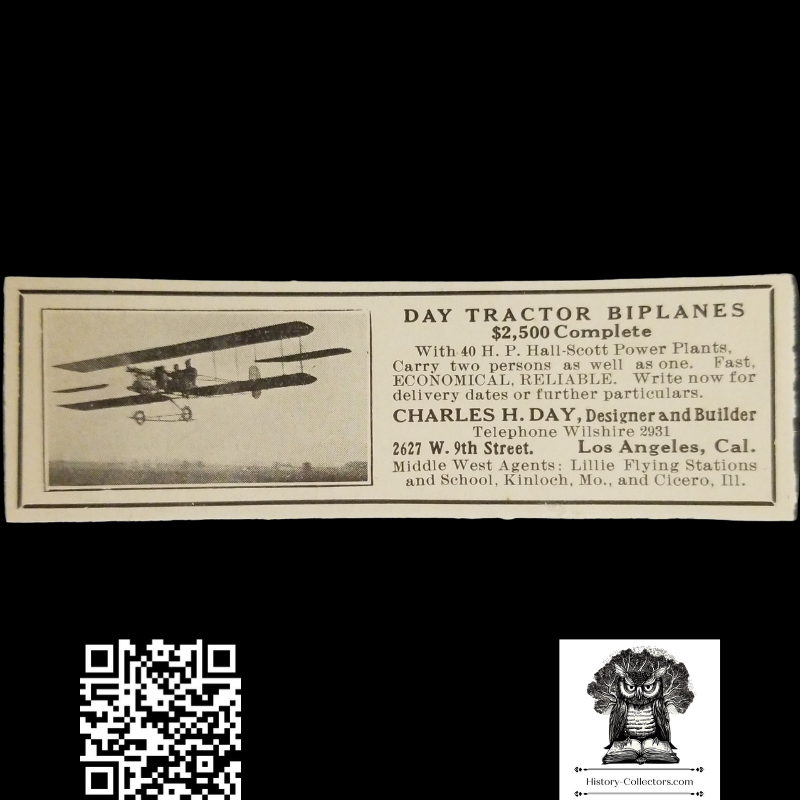 1912 Charles H. Day Tractor Biplanes Print Advertisement Clipping - Los Angels California - Aviation History - Ready For Framing