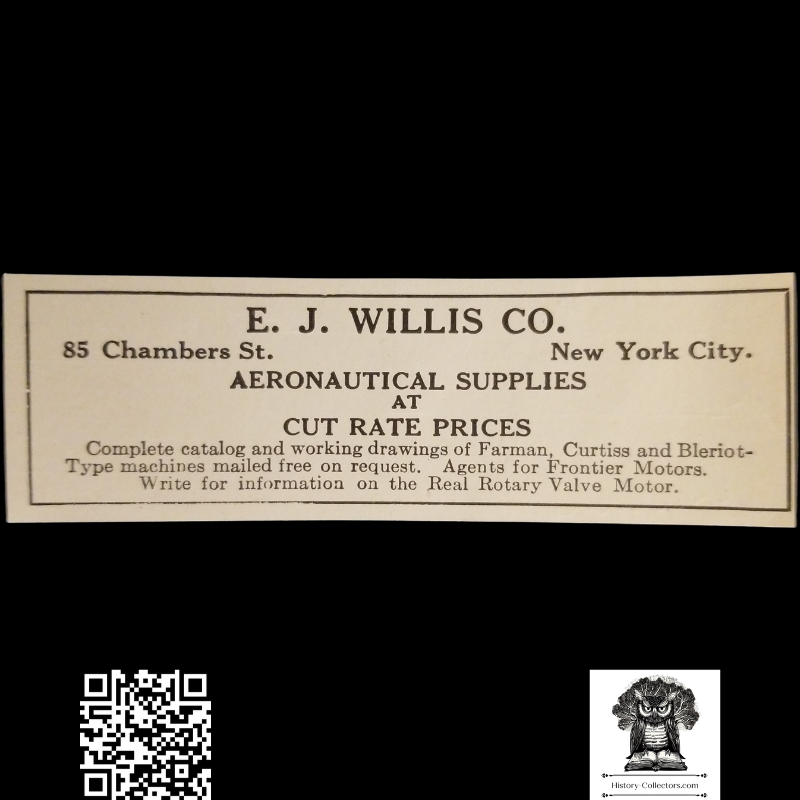 1912 E.J. Willis Company Print Advertisement Clipping - Aeronautical Supplies - 85 Chambers Street New York City - Aviation History - Ready For Framing