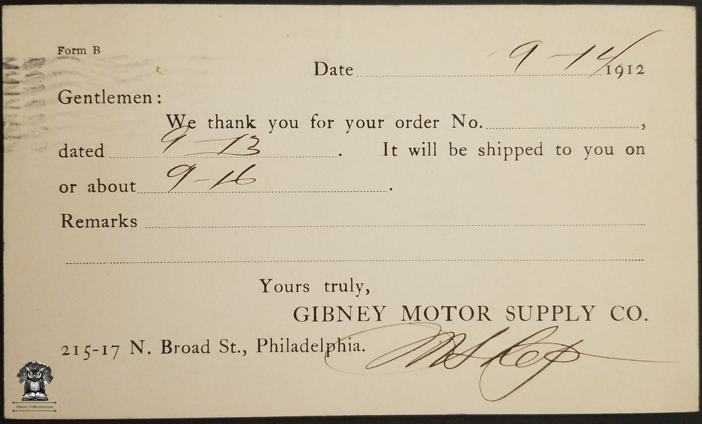 1912 Gibney Motor Supply Co Order Confirmation Postcard - 215-17 N Broad St Philadelphia PA - One Cent McKinley Postal Card - Scott UX24 - Postal Cancel Philadelphia PA