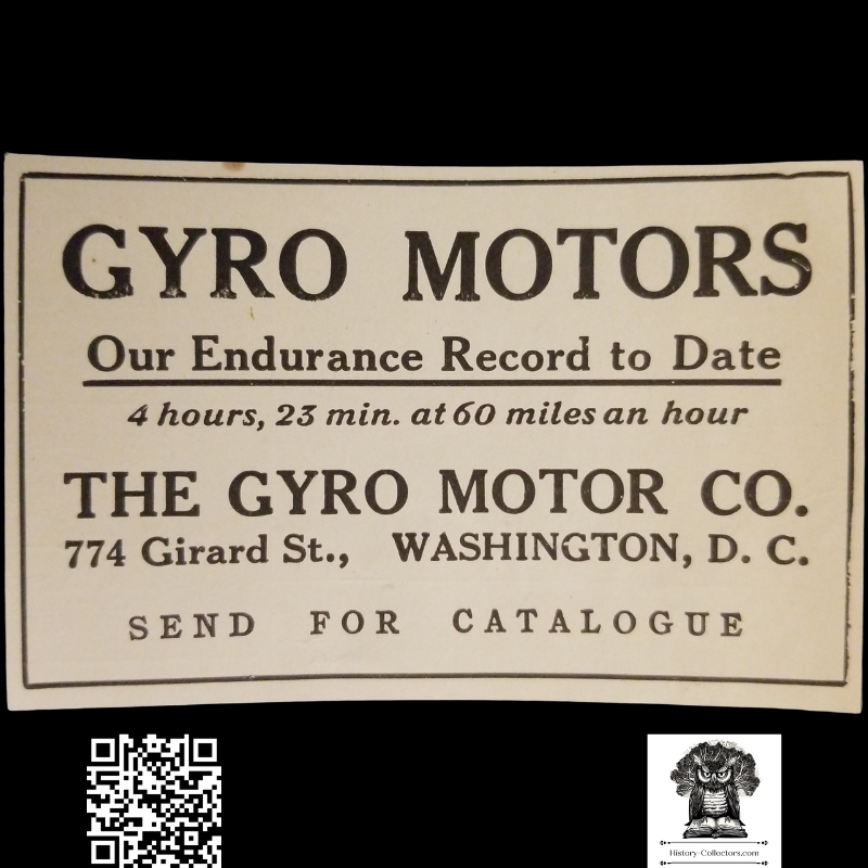 1912 Gyro Motor Co Print Advertisement Clipping - 774 Girard Street Washington D.C. - Aviation Engine Technology - Aviation History - Ready For Framing