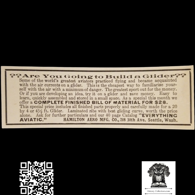 1912 Hamilton Aero Mfg. Company Print Advertisement Clipping - Seattle Washington - DIY Glider Kit - Aviation History - Ready For Framing