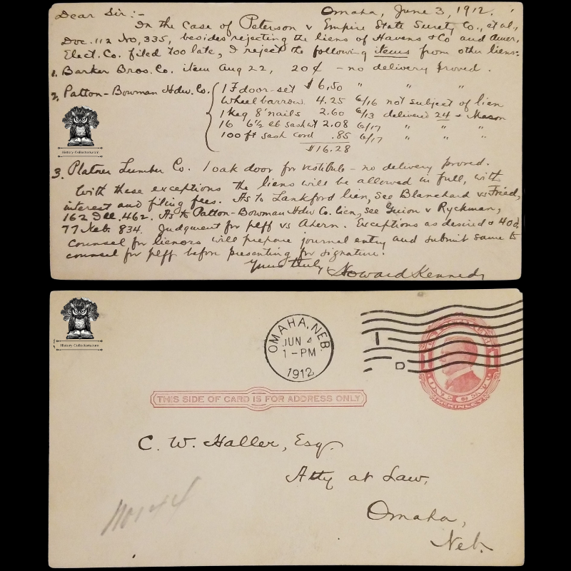 1912 Paterson V Empire State Surety Co Legal Correspondence Postal Card - New York - Howard Kennedy - C W Haller Esq - Omaha Nebraska - One Cent McKinley Red Scott UX24 - Postal Cancel June 4 - Postcard