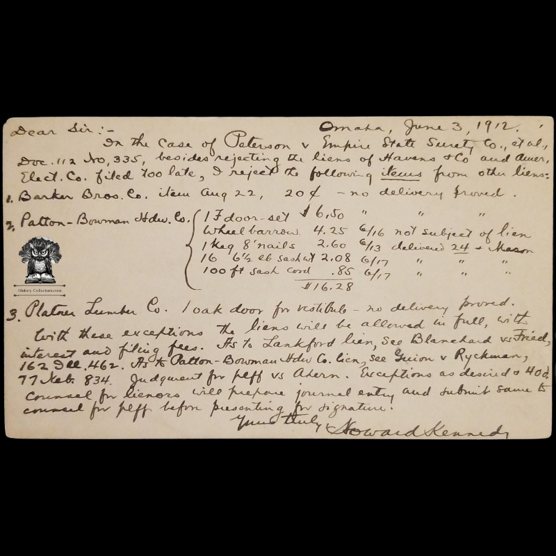 1912 Paterson V Empire State Surety Co Legal Correspondence Postal Card - New York - Howard Kennedy - C W Haller Esq - Omaha Nebraska - One Cent McKinley Red Scott UX24 - Postal Cancel June 4 - Postcard