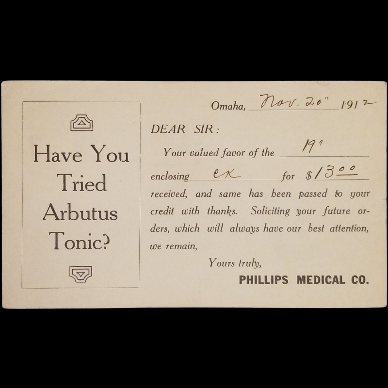 1912 Phillips Medical Co Arbutus Tonic Advertising Order Form Postal Card - Omaha Nebraska - Barber O D Harms Fremont Nebraska - One Cent McKinley Red Scott UX24 - Postal Cancel November 20 - Postcard