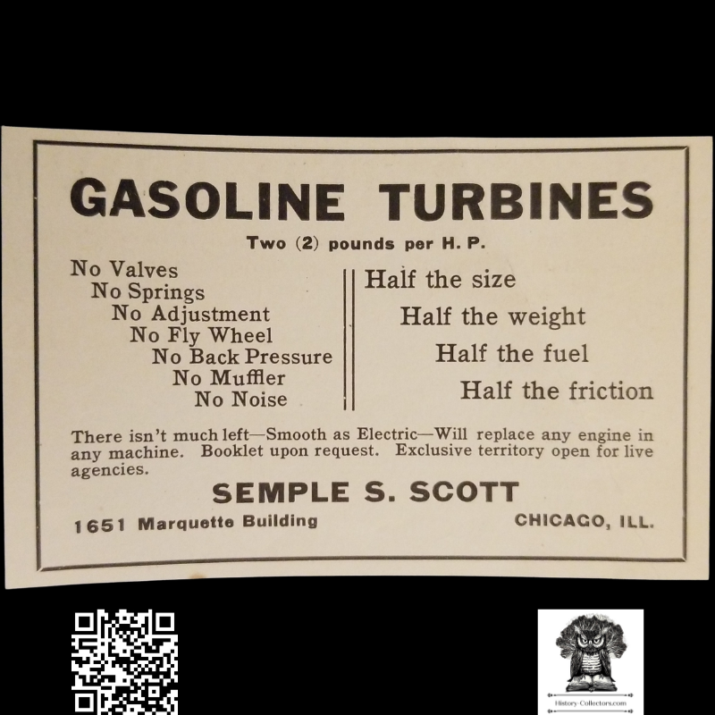 1912 Semple S Scott Gasoline Turbines Print Advertisement Clipping - 1651 Marquette Building Chicago Illinois - Aviation Engine Technology - Aviation History - Ready For Framing