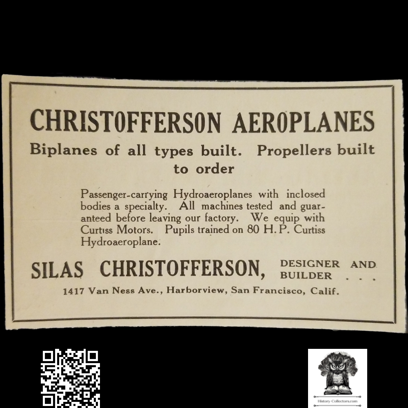 1912 Silas Christofferson Aeroplanes Print Advertisement Clipping - Designer Builder - Van Ness Ave Harborview San Francisco California - Aviation History - Ready For Framing