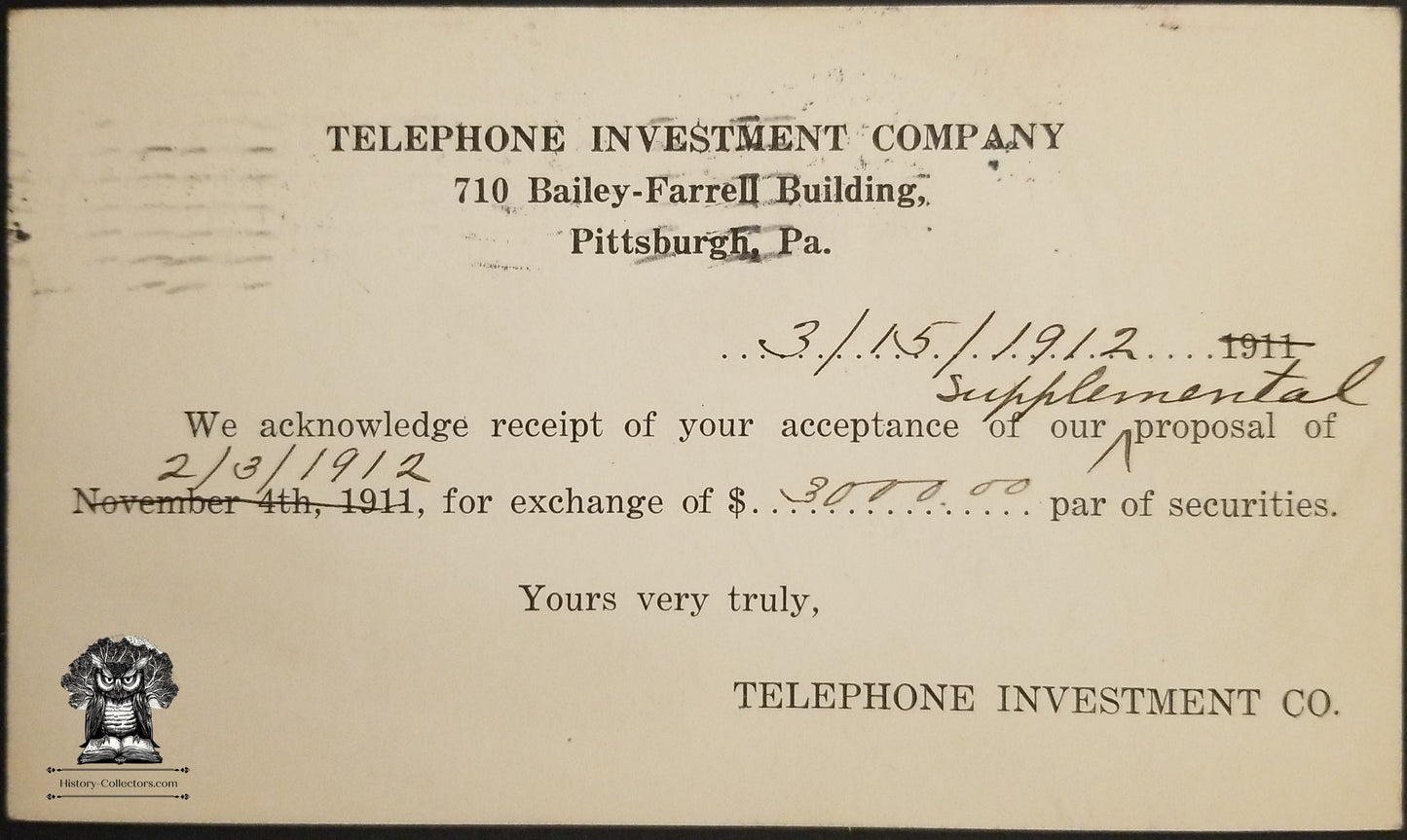 1912 Telephone Investment Company Securities Request Postcard Pittsburgh PA - Mailed To Hegarty Coalport PA - Postal Cancel Pittsburgh PA - One Cent McKinley Postal Card - Scott UX24