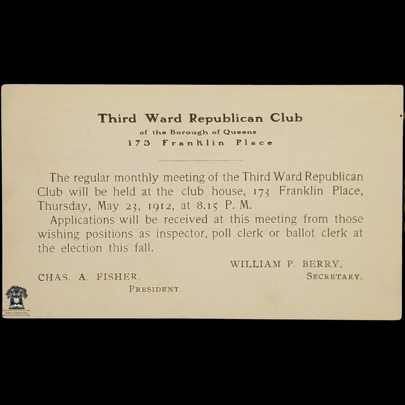 1912 Third Ward Republican Club Monthly Meeting Notice Postal Card - Borough Of Queens - Flushing New York - 173 Franklin Place - Typewriter Address - One Cent Red McKinley Scott UX24 - Machine Duplex Postal Cancel May 21 - Postcard