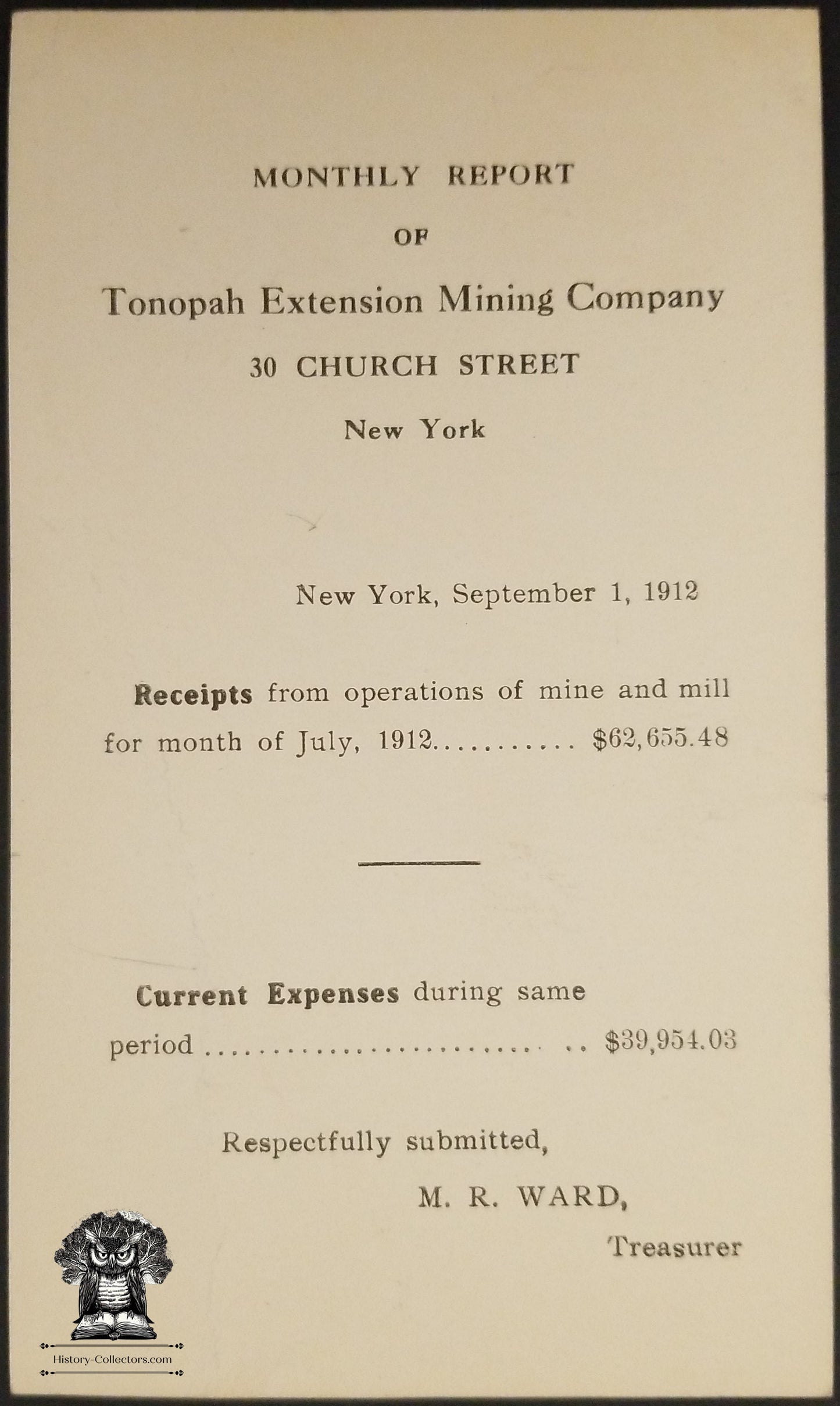 1912 Tonopah Extension Mining Company Financial Report Postcard - Church Street NY - One Cent McKinley Postal Card - Scott UX24 - Hudson Terminal Station Postal Cancel
