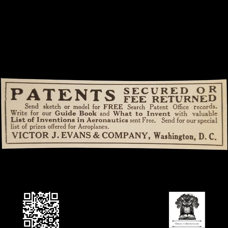 1912 Victor J. Evans & Company Print Advertisement Clipping - Patent Agency Aeronautics Filing - Washington D.C. - Aviation History - Ready For Framing