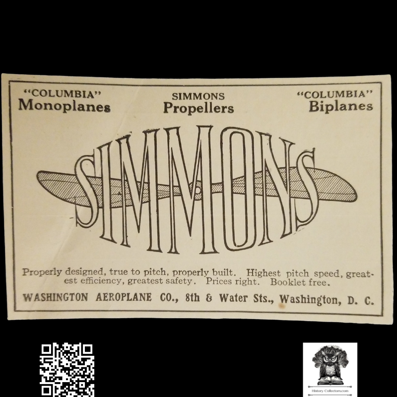 1912 Washington Aeroplane Print Advertisement Clipping - Water St. D.C. - Columbia Monoplanes - Simmons Propellers - Columbia Biplanes - Aviation History - Ready For Framing