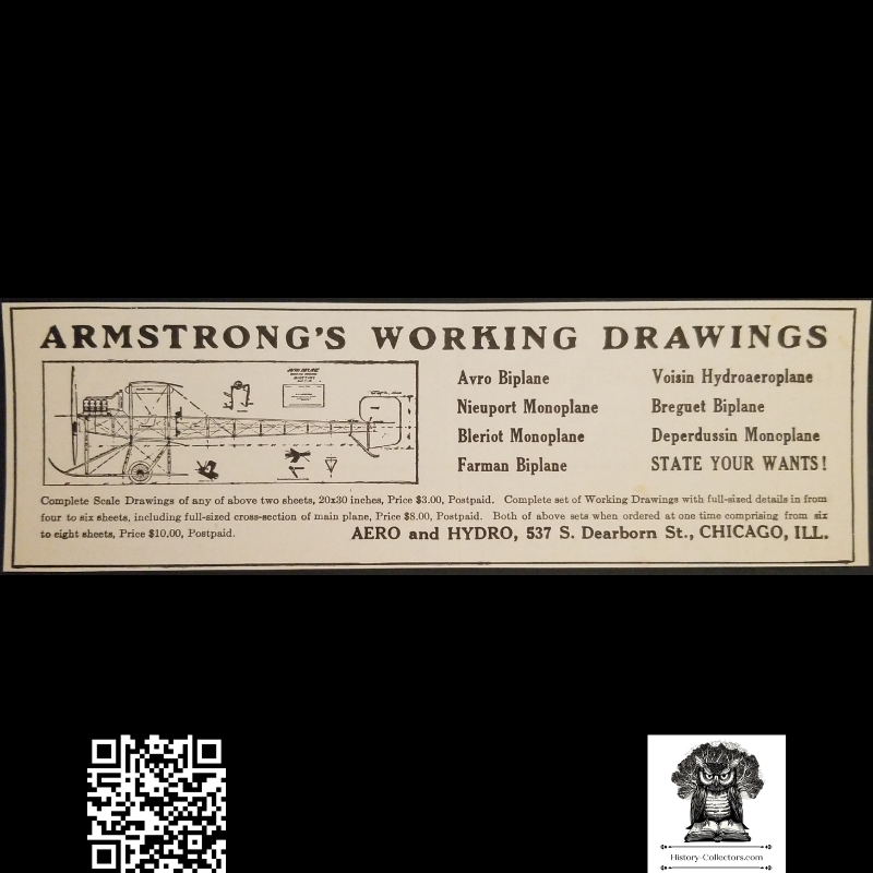 1913 Aero Hydro Armstrong's Working Drawings Print Advertisement Clipping - Aero And Hydro - 537 S Dearborn Street Chicago Illinois - Aviation Blueprints - Ready For Framing