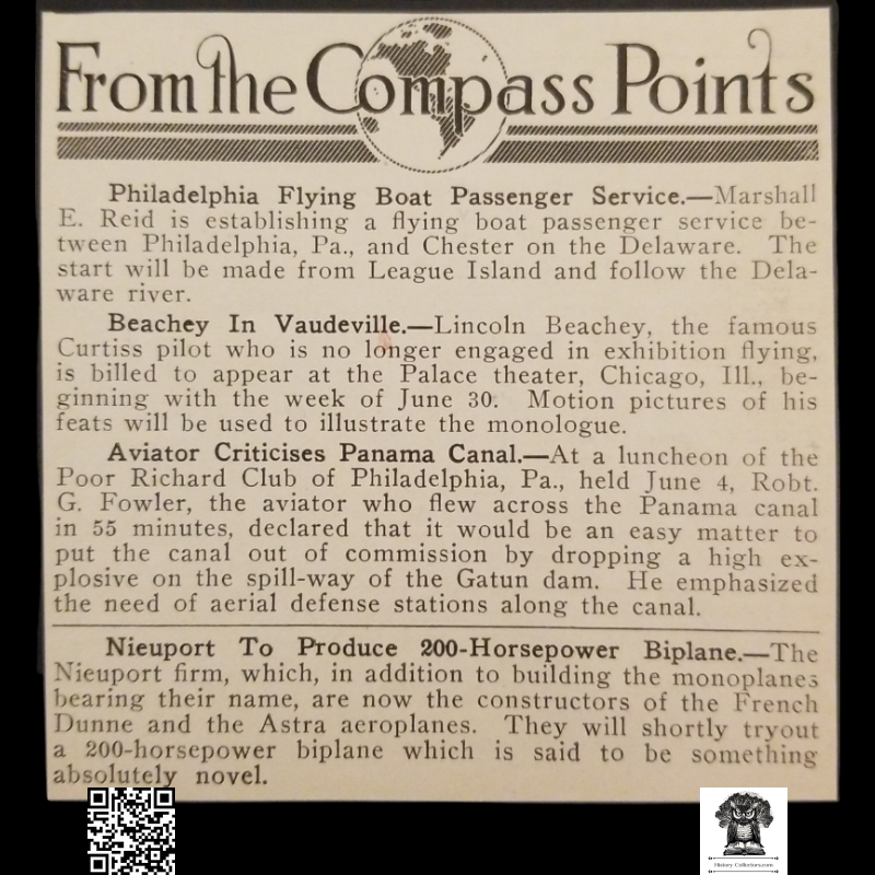 1913 Aviation History Clipping - Marshall E. Reid Flying Boat Passenger Service Philadelphia - Lincoln Beachey Exhibition Flying - Robert G. Fowler Criticizes Panama Canal - Nieuport Biplane