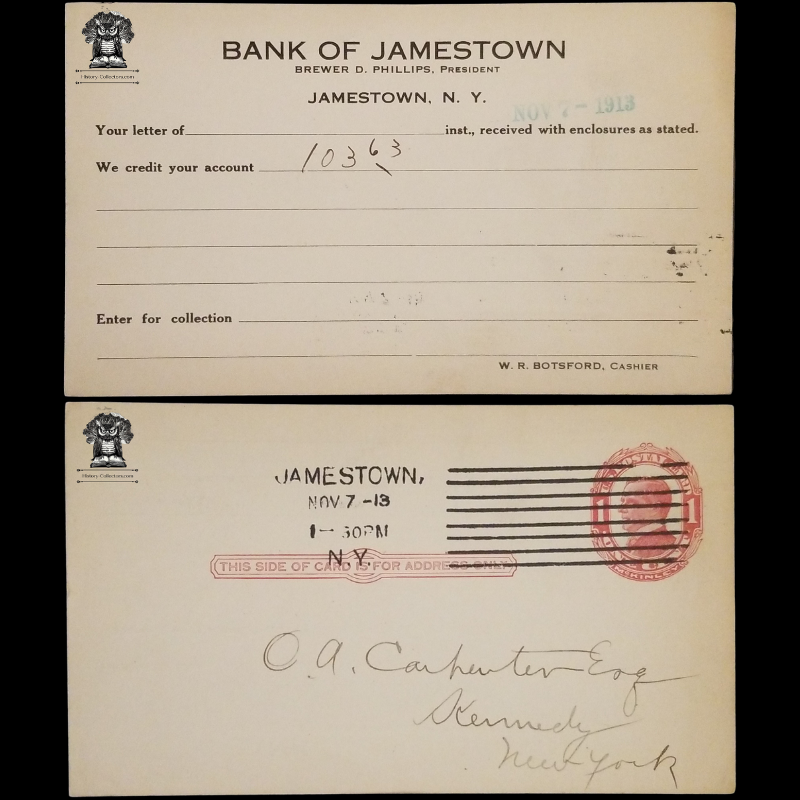 1913 Bank Of Jamestown Personal Deposit Receipt Postal Card - New York - Brewer D Phillips President - Kennedy New York - One Cent McKinley Red Scott UX24 - Postal Cancel November 7 - Postcard