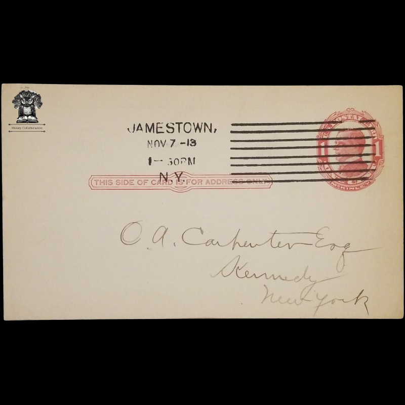 1913 Bank Of Jamestown Personal Deposit Receipt Postal Card - New York - Brewer D Phillips President - Kennedy New York - One Cent McKinley Red Scott UX24 - Postal Cancel November 7 - Postcard