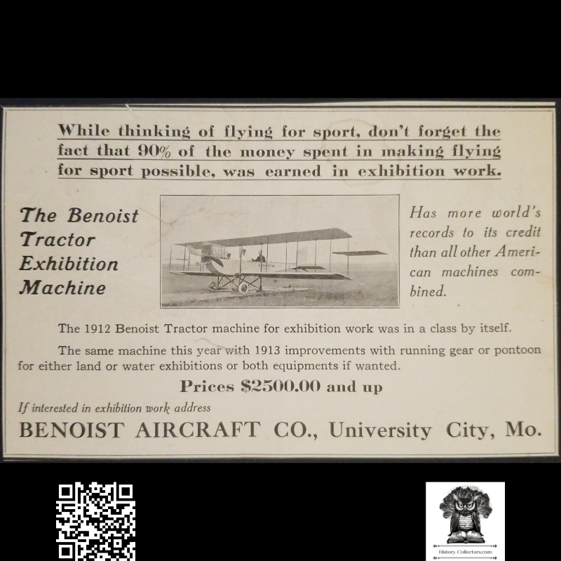 1913 Benoist Aircraft Company Print Advertising Clipping - University City Missouri - Tractor Exhibition Machine Biplane - Aviation Sport Flying - History - Ready For Framing