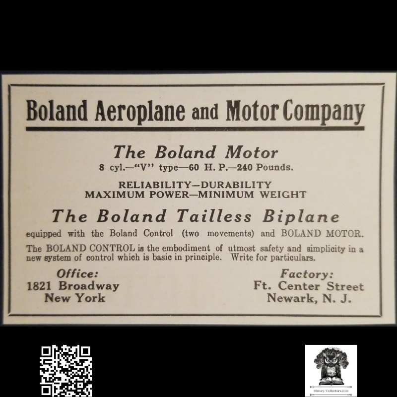 1913 Boland Aeroplane And Motor Company Print Advertisement Clipping - Tailless Biplane - New York - Newark New Jersey - Ready For Framing