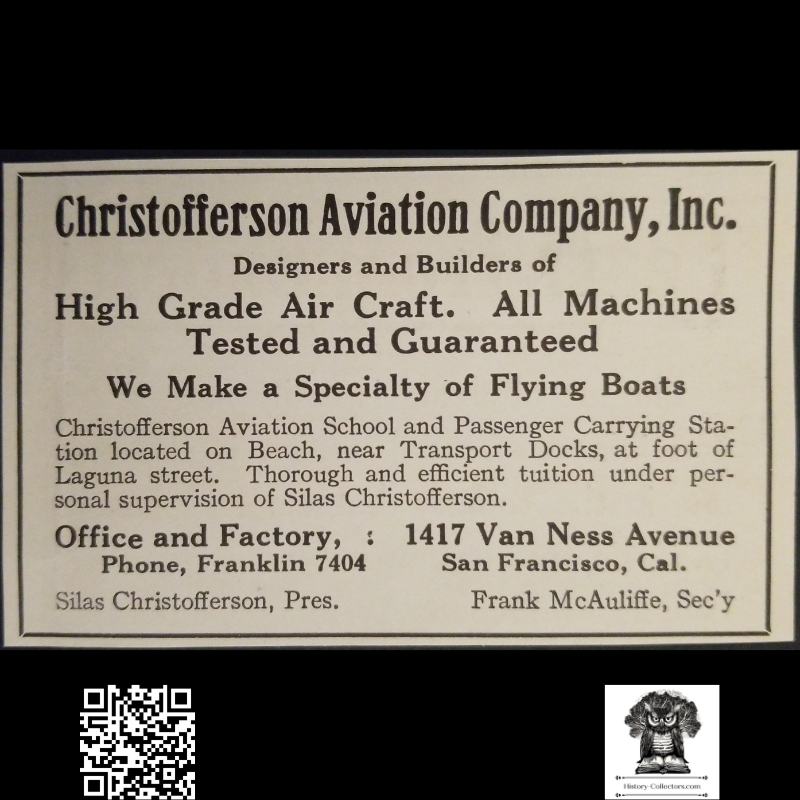 1913 Christofferson Aviation Company Print Advertisement Clipping - 1417 Van Ness Avenue San Francisco California - Airplane Manufacturer - Ready For Framing