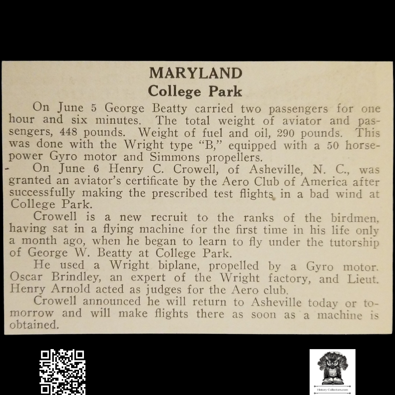1913 College Park Maryland Clipping - George Beatty - Henry C. Cromwell Asheville North Carolina - Wright Biplane - Aero Club Of America - Aviation History